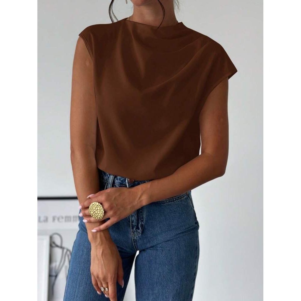 SHEIN Brown Cowl Neck Sleeveless Blouse Draped Satin Look Shell Top